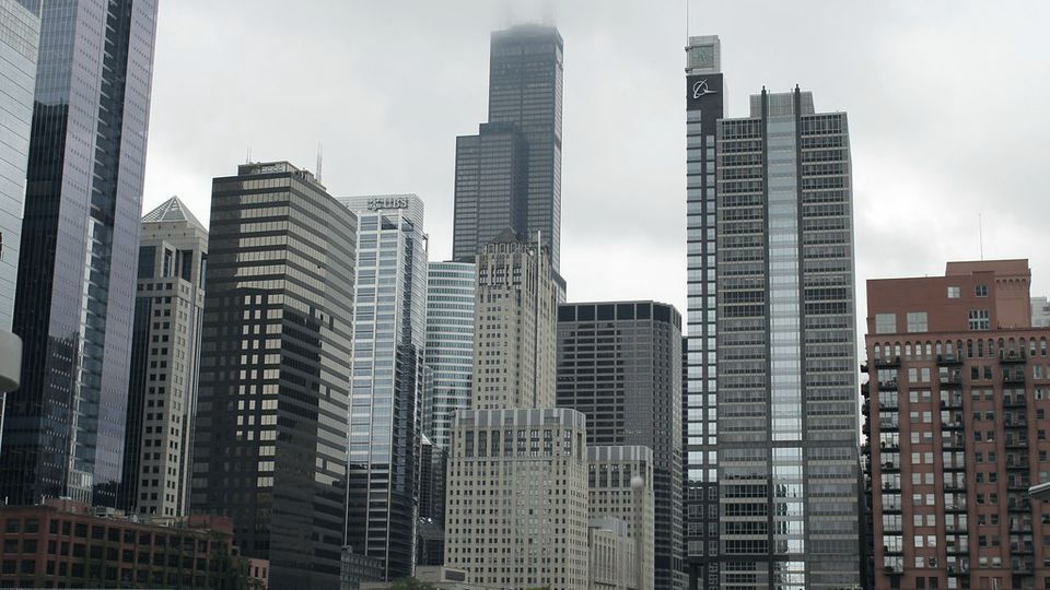 Skyscrapers of different heights in a city skyline