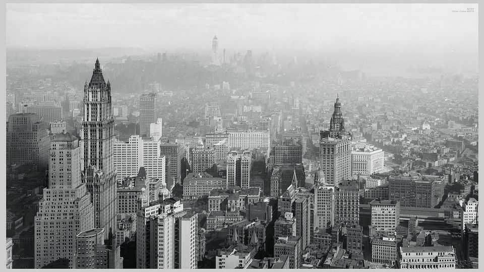 Historic aerial view of Lower Manhattan's skyscrapers