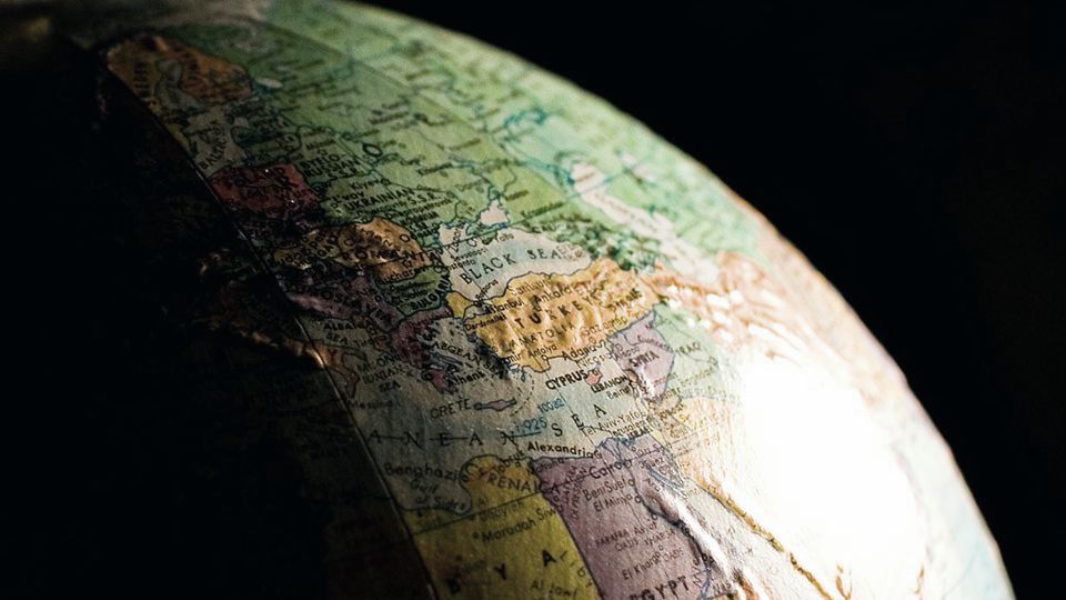 Close-up of a globe showing several continents
