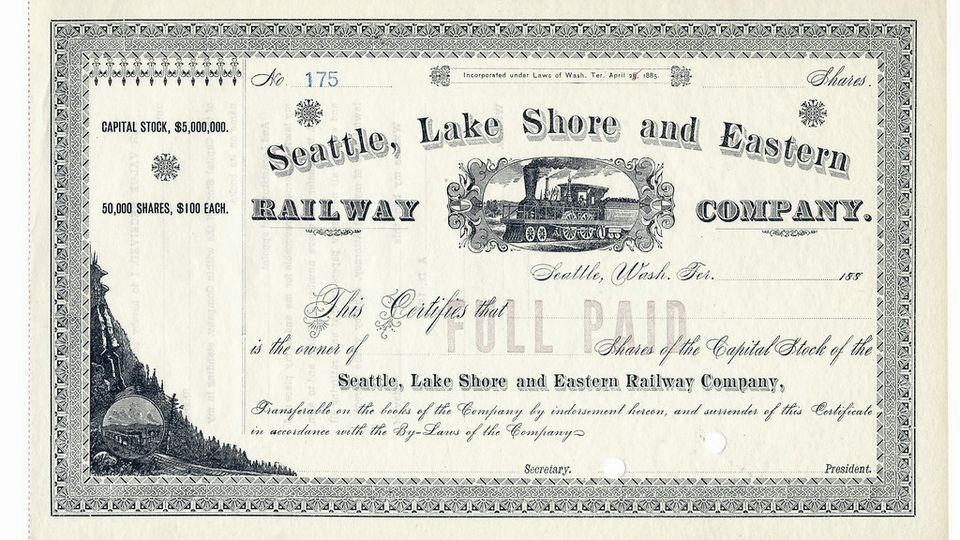 Antique share certificate of the Seattle, Lake Shore and Eastern Railway Company